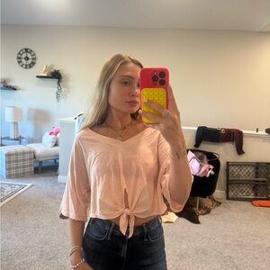 Women's Pink V-Neck Tie-Front Top